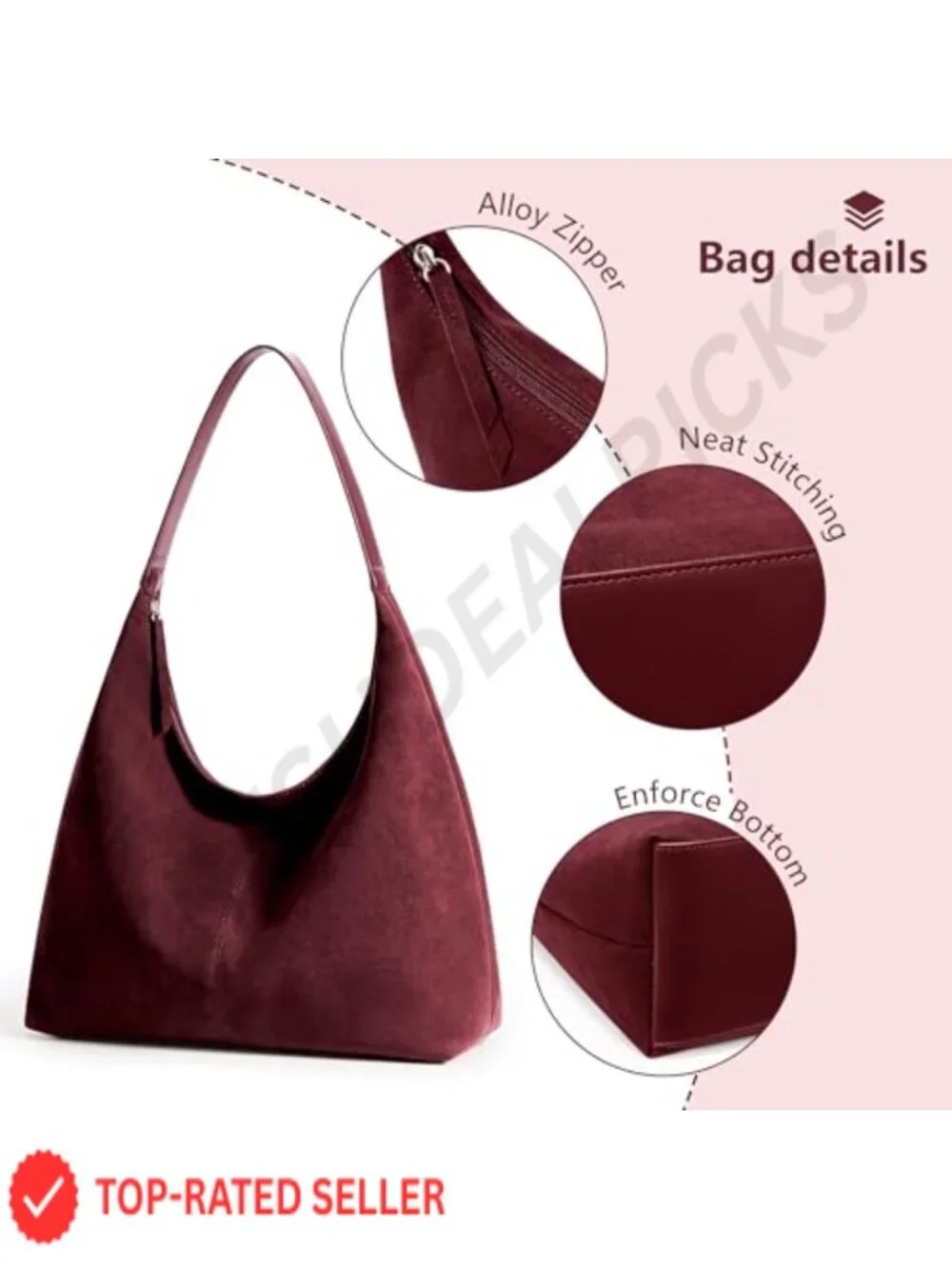 Slouchy Hobo Bag Faux Suede Leather Zipper Tote 14L Vegan Leather Shoulder